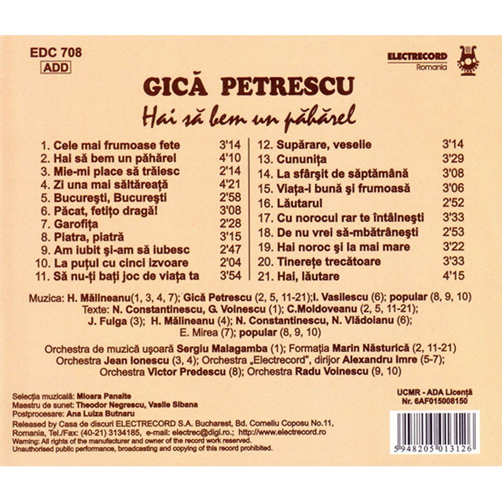 Gica Petrescu Hai Sa Bem Un Paharel Cd Mycd